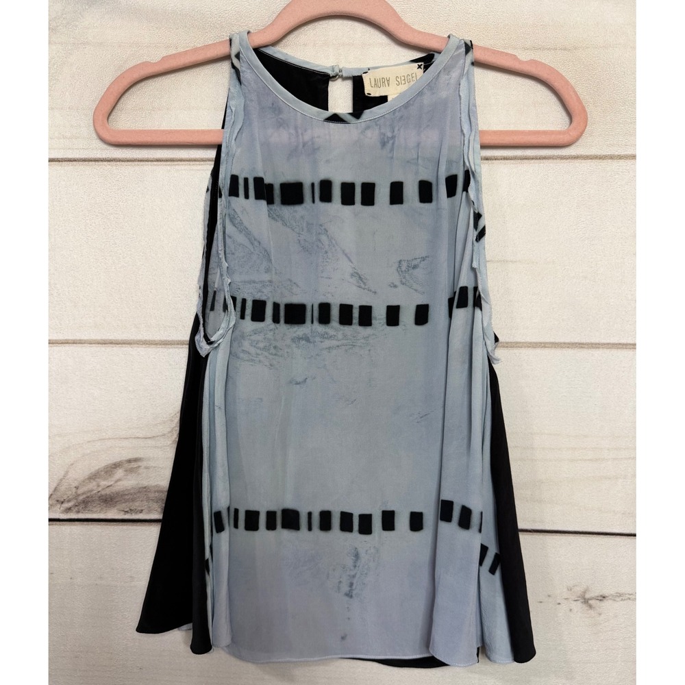 LAURA SIEGEL‎ Womens XS Black Light Blue Handprinted Silk Tank Top